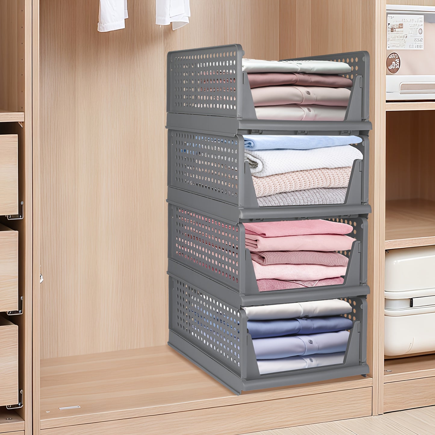 Opbergmanden – Opbergboxen – Opbergbakken – Opbergkisten – Opbergdozen – Stapelbaar en Vouwbaar – Kunststof 33,5x43x18 cm – Set van 4 – Grijs