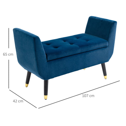 Opbergbank – zitbank – bench – opbergmeubel – zitkist – Velvet-Look Bekleding – Ruime Opbergruimte – Massief Houten Poten – Blauw – 107x42x65 cm