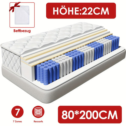 Matras – Pocketveringmatras – 7-Zones Matras – Orthopedisch Matras – Tweepersoonsmatras – 90x200 cm – 25 cm Hoog – Medium Stevig H3