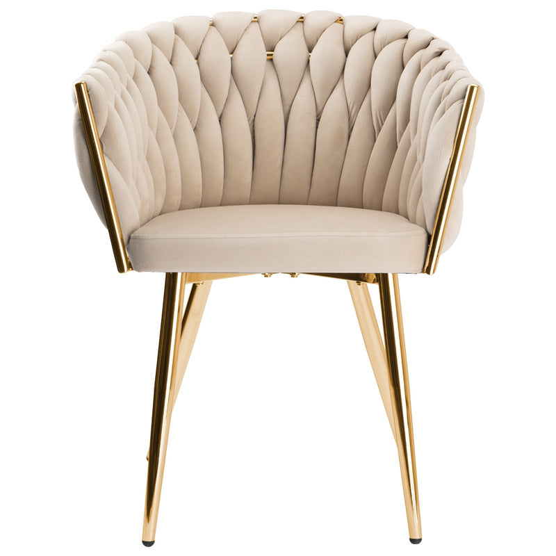 Loungestoel – Fauteuil – Relaxstoel – Kamerstoel – Woonkamerstoel – Beige Fluweelstof – Met Gouden Metalen Poot – Ergonomische Rugleuning – Compact Formaat 73 cm Hoog