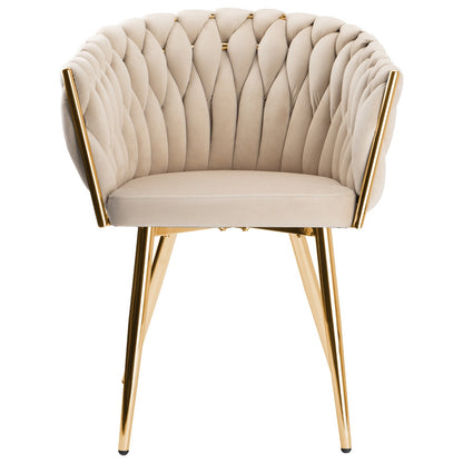Loungestoel – Fauteuil – Relaxstoel – Kamerstoel – Woonkamerstoel – Beige Fluweelstof – Met Gouden Metalen Poot – Ergonomische Rugleuning – Compact Formaat 73 cm Hoog