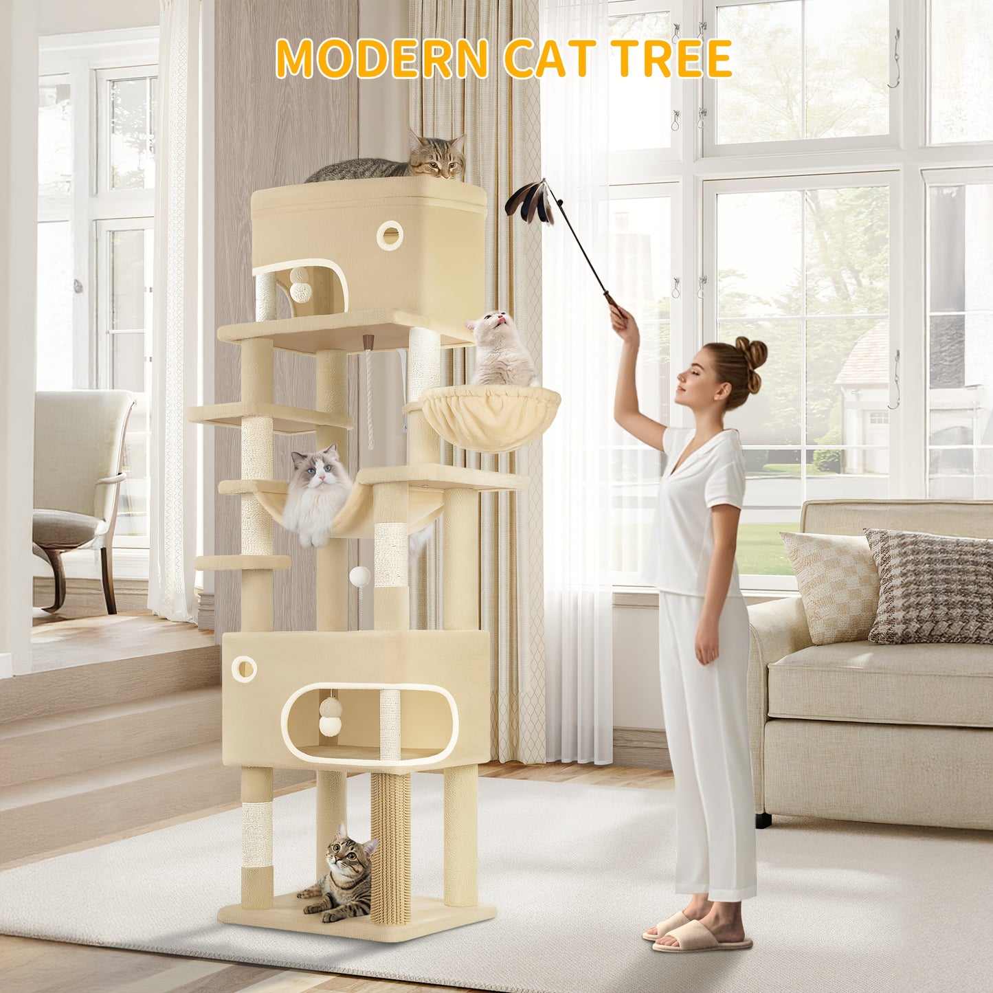 Kattenboom – Krabpaal – Klimpaal – Kattenhuis – Kattenmeubel – Beige Kleur – 203 cm Hoog – 7 Sisal Krabpalen & 2 Ruime Holletjes