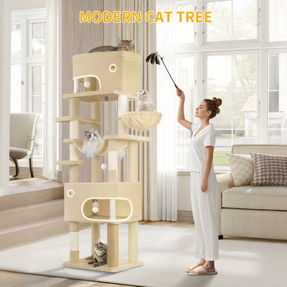 Kattenboom – Krabpaal – Klimpaal – Kattenhuis – Kattenmeubel – Beige Kleur – 203 cm Hoog – 7 Sisal Krabpalen & 2 Ruime Holletjes