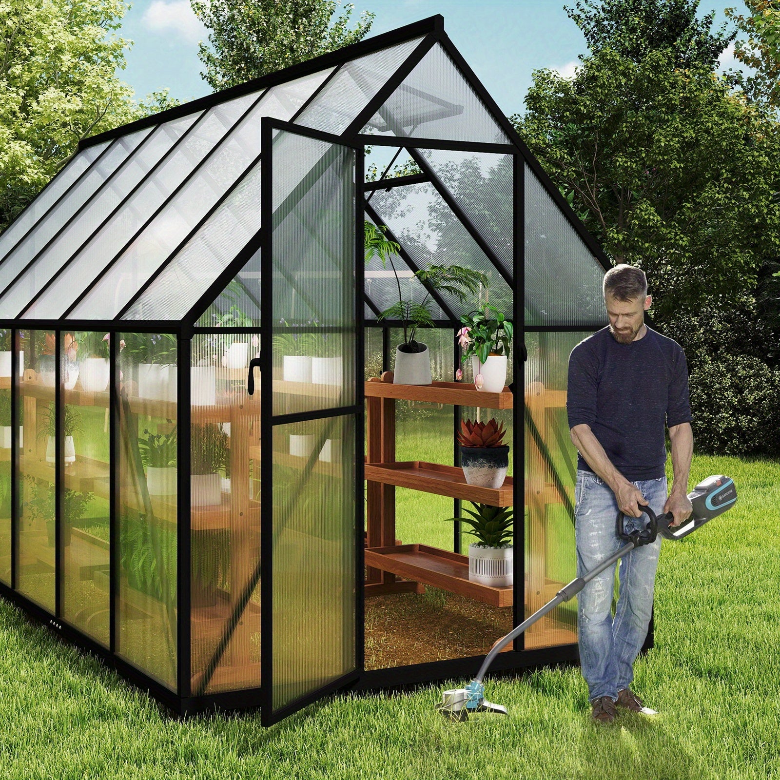 Kas – Serre – Plantenhuis – Tuinkas – Broeikas – Aluminium Frame – Verzinkte Stalen Fundering – Schuifdeur & Dakraam – 340x180x195 cm – 4 mm Polycarbonaat – Weerbestendig & Duurzaam - QUORE