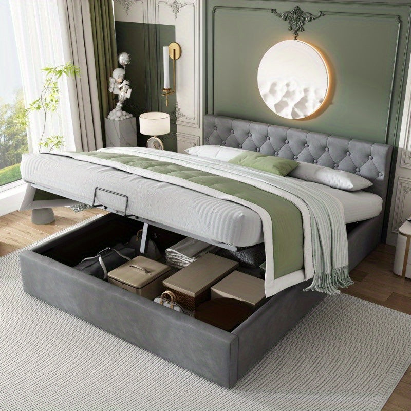 Bedframe – Tweepersoonsbed – Gestoffeerd Bed – Slaapbank – Opbergbed – Fluweel Grijs – 140x200 cm – Hydraulische Opbergruimte