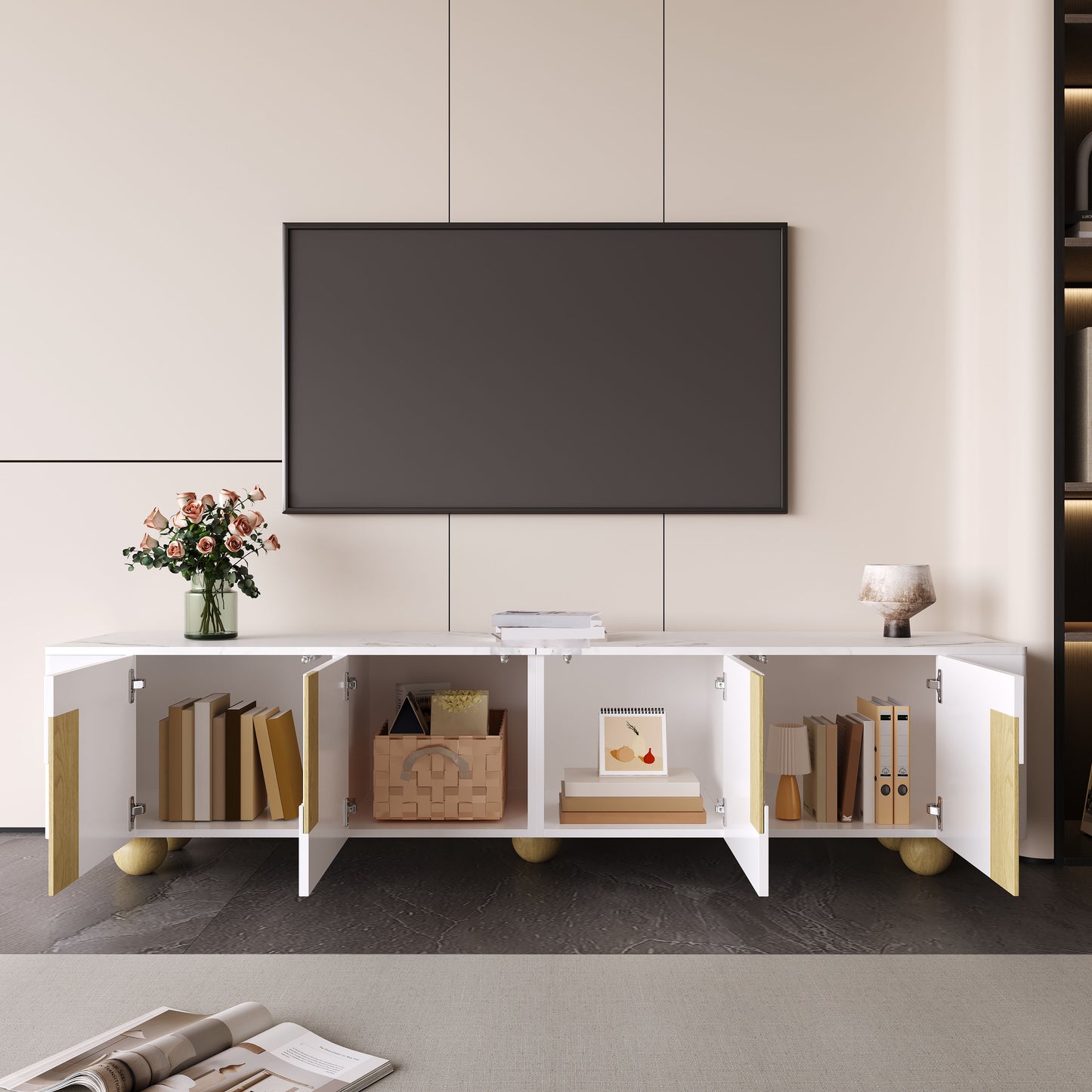 TV-meubel – Tv-kast – Tv-meubelkast – Mediameubel – Dressoir – Wit met houtaccent – 180 cm breed – Marmerlook bovenblad – Vier deuren – Massief houten poten