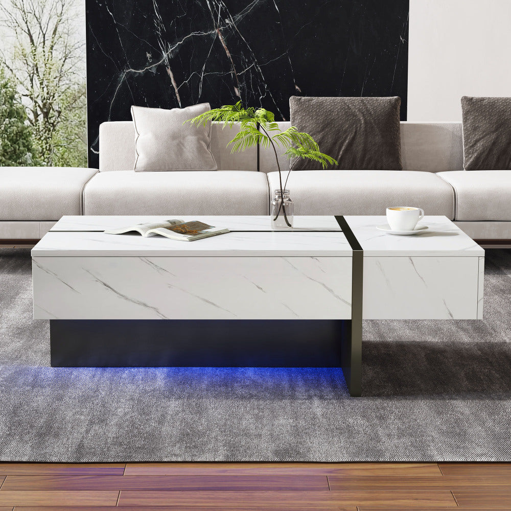 Salontafel – Koffietafel – Woonkamertafel – Bijzettafel – Salon tafel – Wit Marmerpatroon – Hoogglans Spaanplaat – 105x60x35 cm – Modern Minimalistisch Design