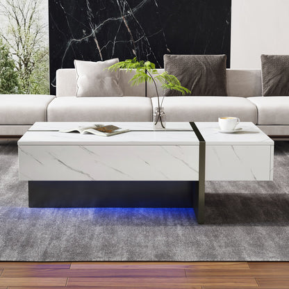 Salontafel – Koffietafel – Woonkamertafel – Bijzettafel – Salon tafel – Wit Marmerpatroon – Hoogglans Spaanplaat – 105x60x35 cm – Modern Minimalistisch Design