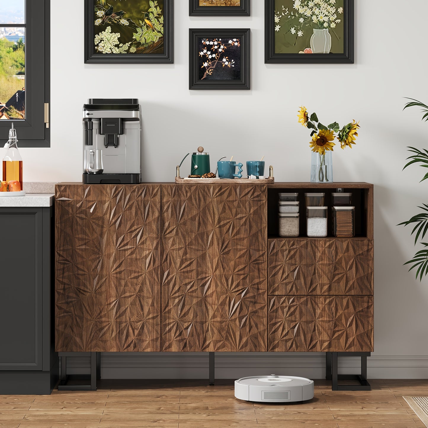 Modern Brown Entryway Storage Cabinet with 2 Doors & 2 Divided Drawers - Large Capacity Sideboard (≥3.2 Cu Ft), Metal Legs & Wicker Back Panel, Freestanding Hallway Furniture for Living Room, Dining Room - No Assembly Requi