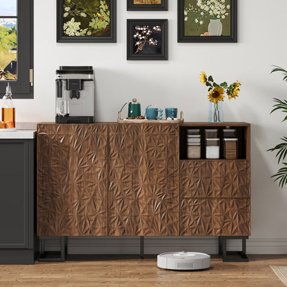 Modern Brown Entryway Storage Cabinet with 2 Doors & 2 Divided Drawers - Large Capacity Sideboard (≥3.2 Cu Ft), Metal Legs & Wicker Back Panel, Freestanding Hallway Furniture for Living Room, Dining Room - No Assembly Requi