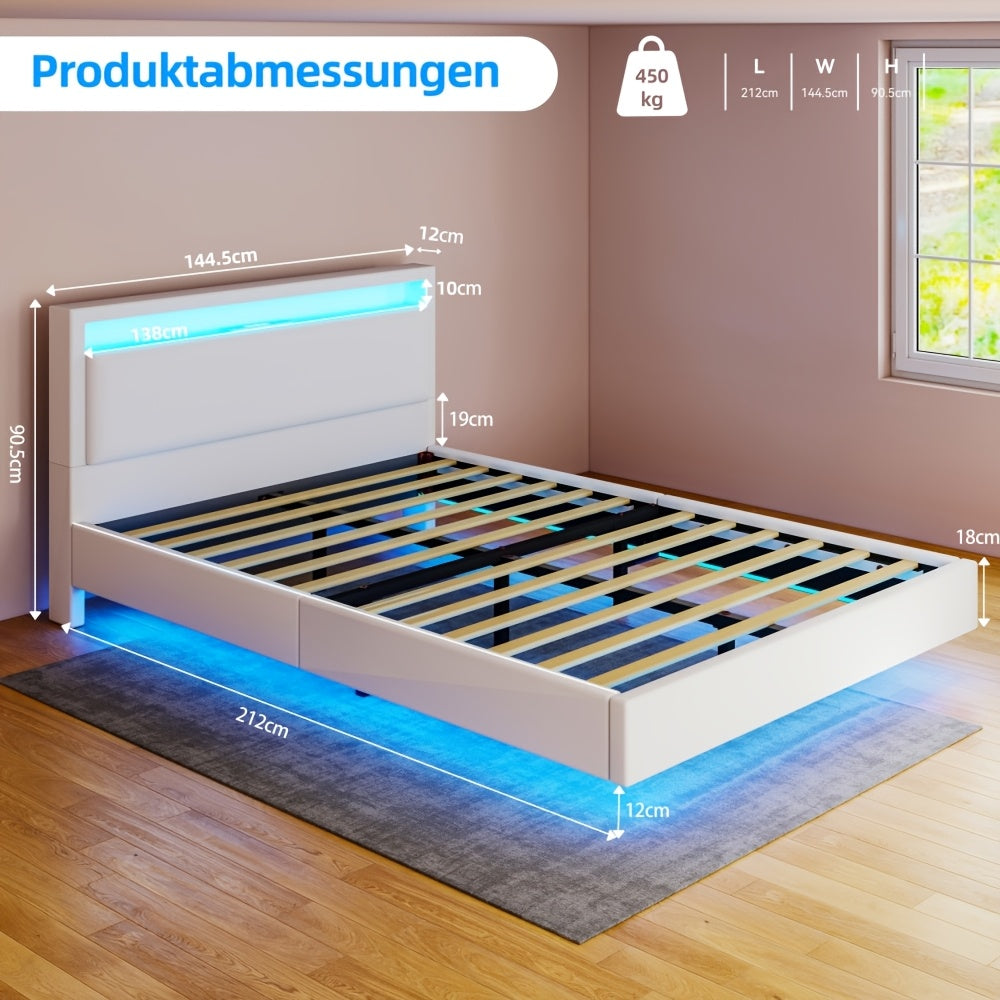 Zwevend Bedframe – Modern Bed – Platformbed – Slaapkamerbed – Gestoffeerd Bed – 140x200 cm – LED-Verlichting – Geluidloze Lattenbodem