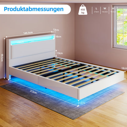 Zwevend Bedframe – Modern Bed – Platformbed – Slaapkamerbed – Gestoffeerd Bed – 140x200 cm – LED-Verlichting – Geluidloze Lattenbodem