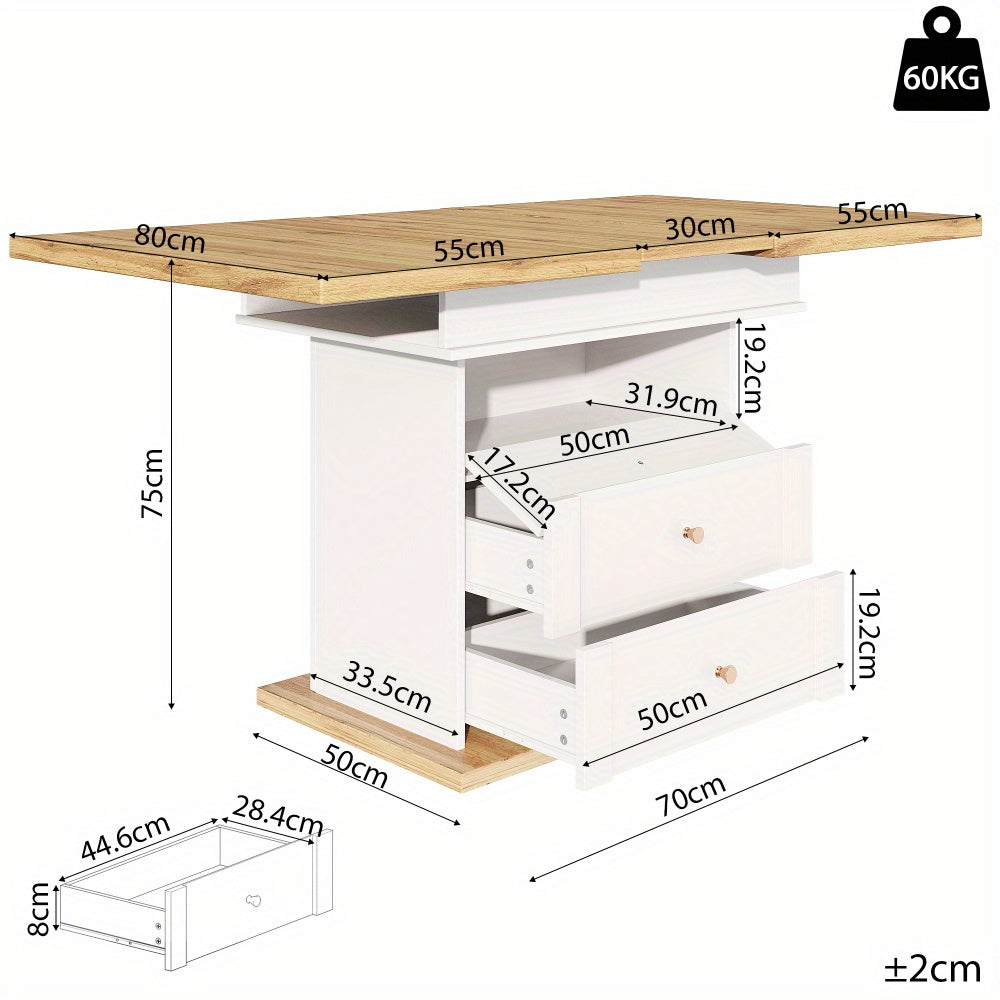 Uittrekbare Eettafel – Uitklapbare Keukentafel – Multifunctionele Tafel – Ruimtebesparende Eetkamertafel – Wit – 110-140 x 80 cm – Lichtgewicht en Onderhoudsvriendelijk