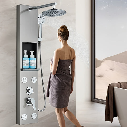 Brushed Nickel Shower Panel Tower System, 5-Function Shower Faucet SetRainfall Shower Head with Massage Jets Tub Spout Shower Shelves, Stainless Steel, Wall Mount