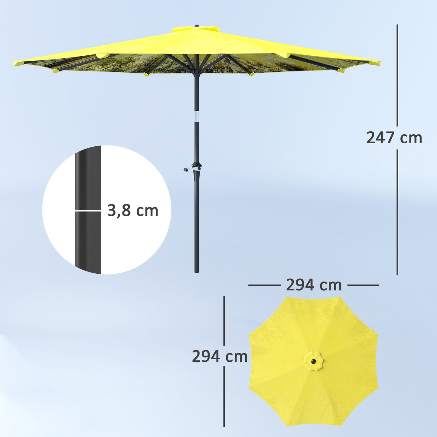 Balkonparasol Octogonaal – Zonnescherm – Tuinparasol – Schaduwzeil – Parasol Ø300 cm – Handkurk Bediening – Ventilerende Gele Polyester Kap