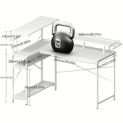 L-vormig Wit Computerbureau met Planken en Steunpaneel – Multifunctioneel Werkstation voor Kantoor, Slaapkamer, Studieruimte of Gaming Setup