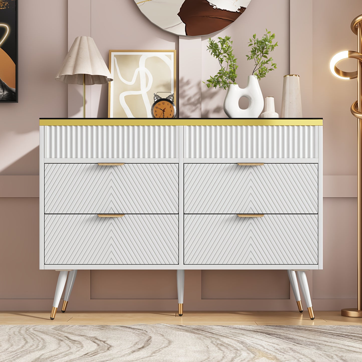 Opbergkast – Ladekast – Kledingkast – Commode – Kast – Wit Bamboe – 6 Lades – 3,2 Kubieke Voet – Gouden Handgrepen – Stevig & Duurzaam – Eenvoudige Montage