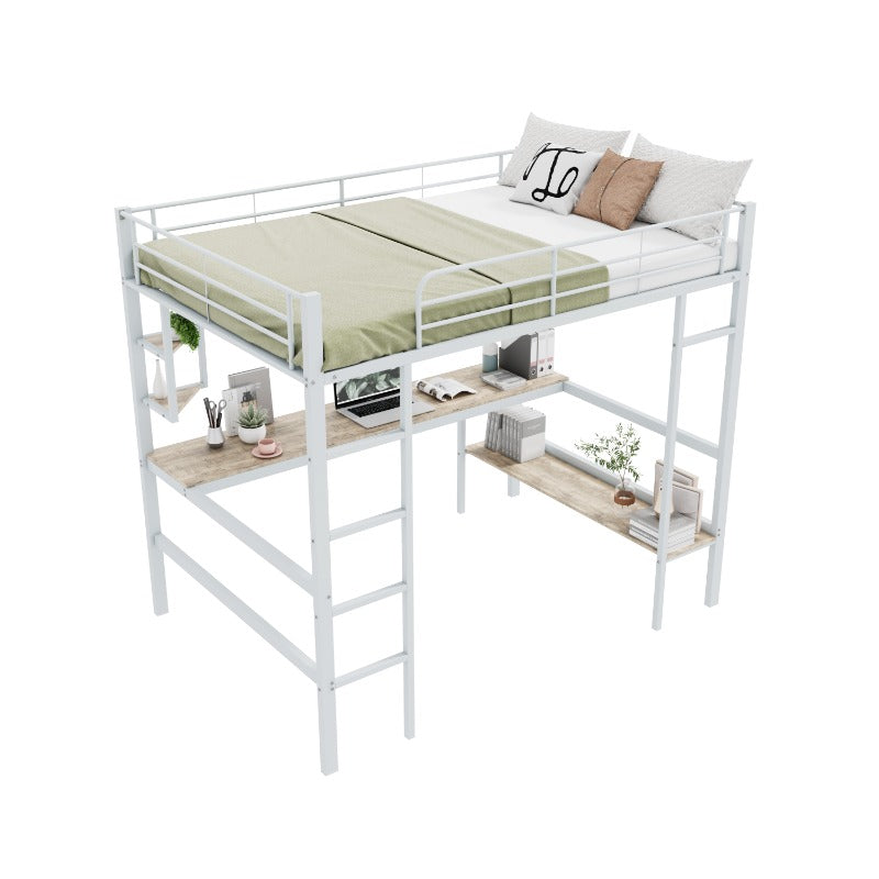 Hoogslaper 140x200 – Stalen Bedframe – Metaalbed – Kinderbed – Tienerbed – Wit Frame – Ingebouwd Bureau & Grote Boekenkast – 4 Kleine Plankjes