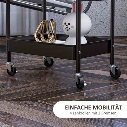 Opbergwagen – Serveerwagen – Keukenwagen – Trolley – Zwenkwielwagen – RVS Zwart – 3 Laags Met 2 Zijmandjes