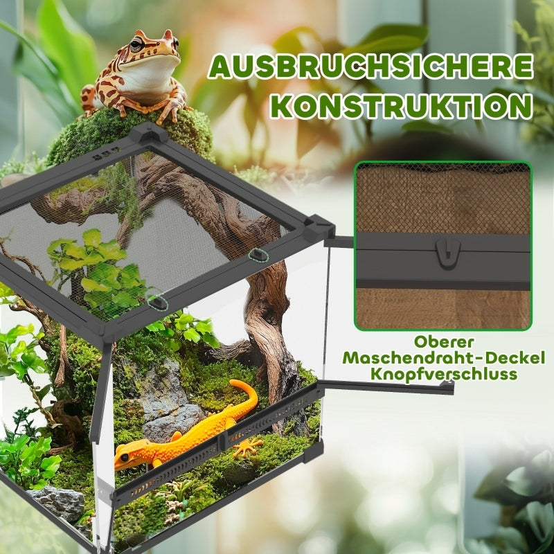 Terrarium – Reptielenverblijf – Vivarium – Dierenkooi – Glazen Terrarium – Zwart – Dubbele Voordeuren Met Knopslot – Verhoogde Bodem Voor Verwarming