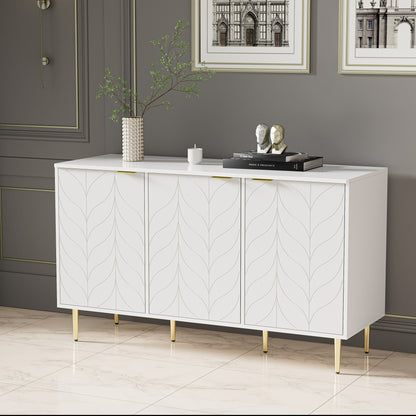 Dressoir – Ladekast – Opbergkast – Buffetkast – Kast – Modern Design – 127x45x75 cm – MDF Hout – Goudkleurige Accenten – Witte Afwerking – 6 Compartimenten – Afgeronde Hoeken