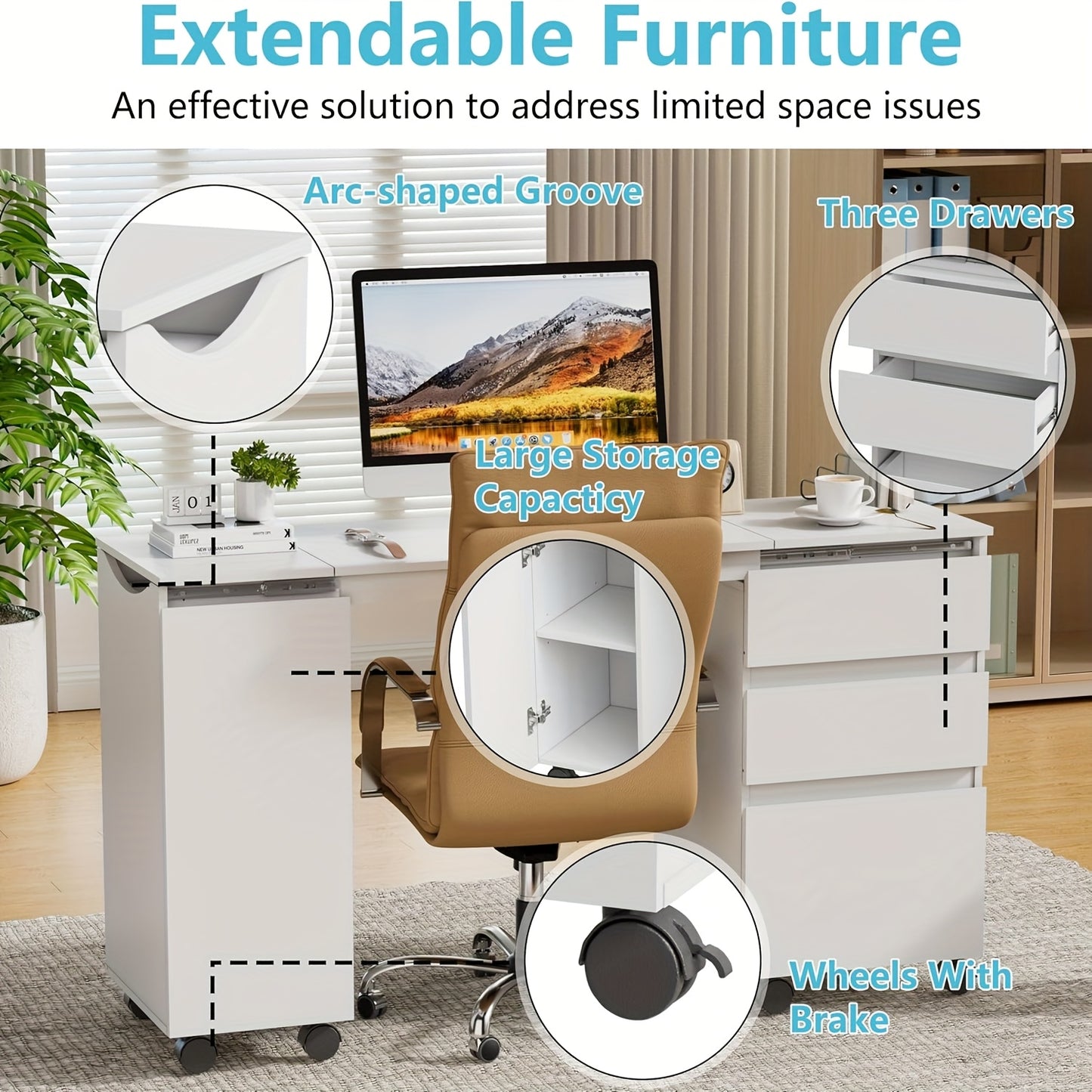 bureau – schrijftafel – computertafel – werkplek – bureau met lades – uitschuifbaar tafelblad 120 cm – inklapbaar design wit