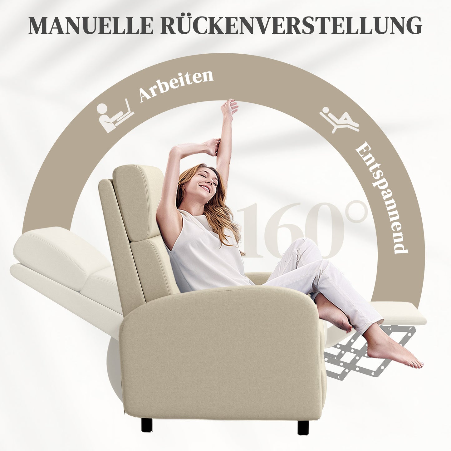Relaxfauteuil – Relaxstoel – TV Stoel – Verstelbare Stoel – Fauteuil Crème – Verstelbare Rugleuning Tot 160° – Opklapbare Voetensteun