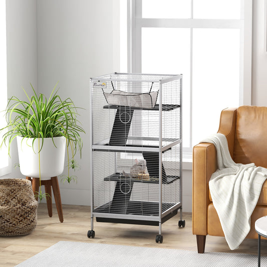 Dierenkooi – Knaagdierkooi – Chinchillakooi – Frettenkooi – Kleine Dieren Kooi – Met 4 Wielen En 2 Deuren – 3 Ramps En Hangmat – Wit – Metaal – 52x52x113,5 cm