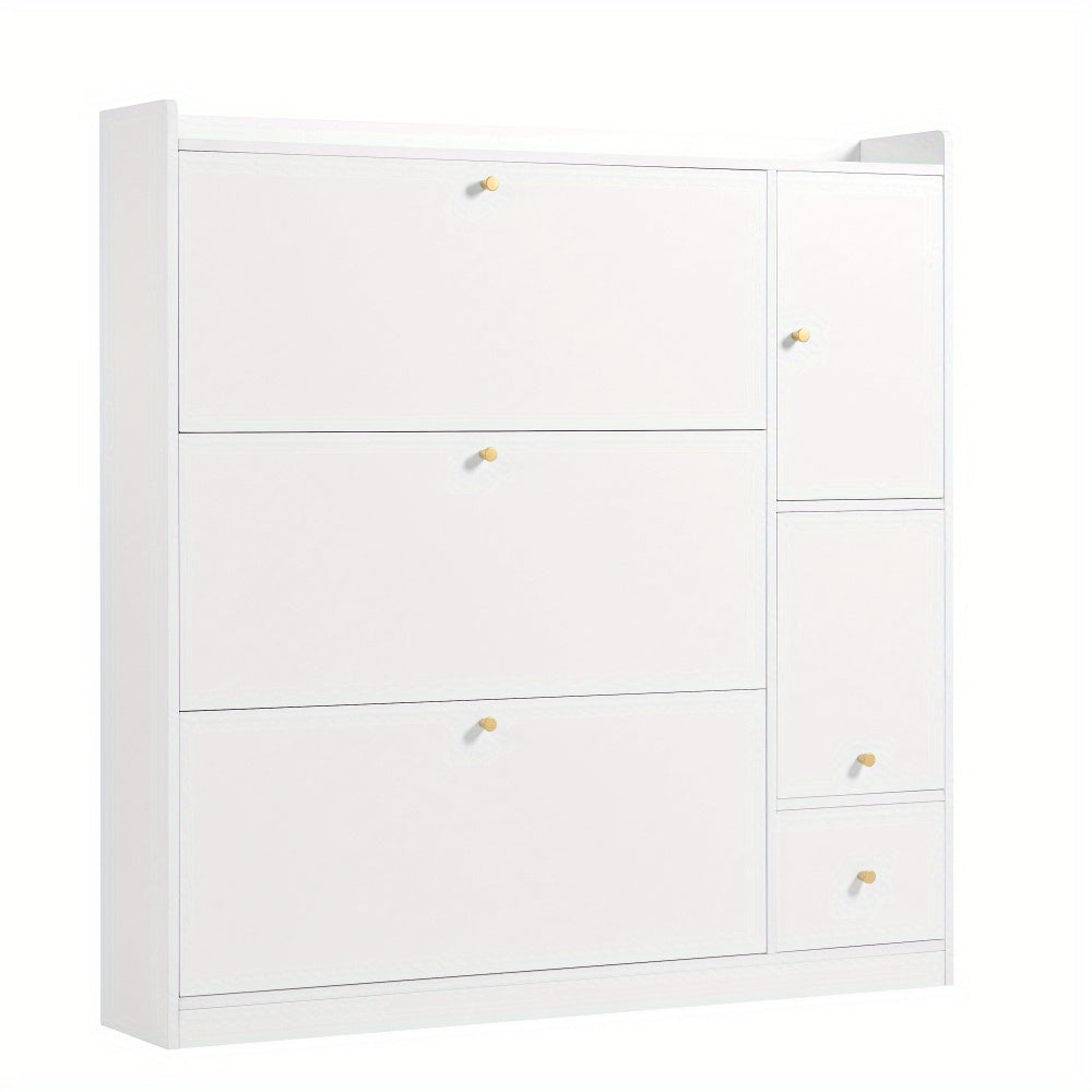 Modern White Multifunctional Tilting Shoe Cabinet with 3-Tier Folding Drawers & Bench - Freestanding Entryway Storage with Space-Saving Design, Space-Saving Shoe Rack, Durable Non-Wood Construction for Hallway, Foyer, Small S