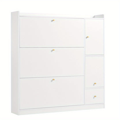 Modern White Multifunctional Tilting Shoe Cabinet with 3-Tier Folding Drawers & Bench - Freestanding Entryway Storage with Space-Saving Design, Space-Saving Shoe Rack, Durable Non-Wood Construction for Hallway, Foyer, Small S
