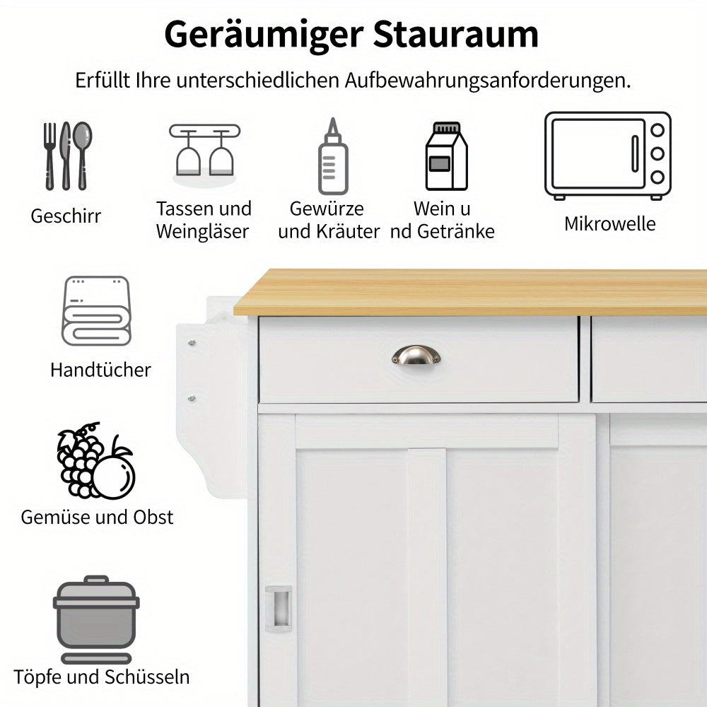Keukenwagen – Keukentrolley – Serveerwagen – Bijzettafel – Opbergmeubel – Wit – Inklapbaar Werkblad – Zwenkwieltjes Met Houtlook Blad