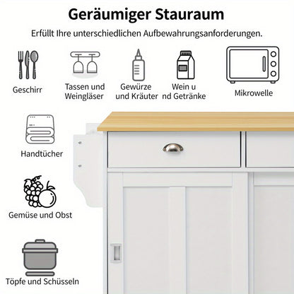 Keukenwagen – Keukentrolley – Serveerwagen – Bijzettafel – Opbergmeubel – Wit – Inklapbaar Werkblad – Zwenkwieltjes Met Houtlook Blad