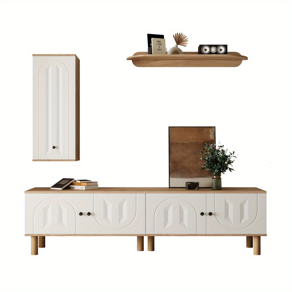 Tv-meubel – TV-kast – TV-dressoir – Wandmeubel – Media meubel – 3-delige set – Wit met beige houtlook – Opbergruimte met reliëfdeuren