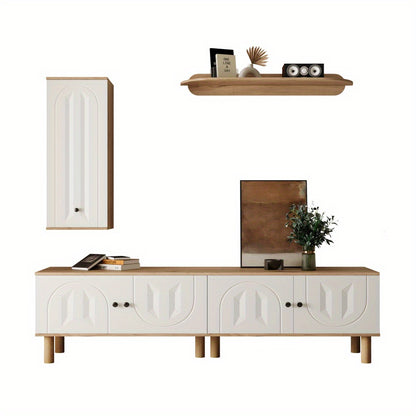 Tv-meubel – TV-kast – TV-dressoir – Wandmeubel – Media meubel – 3-delige set – Wit met beige houtlook – Opbergruimte met reliëfdeuren