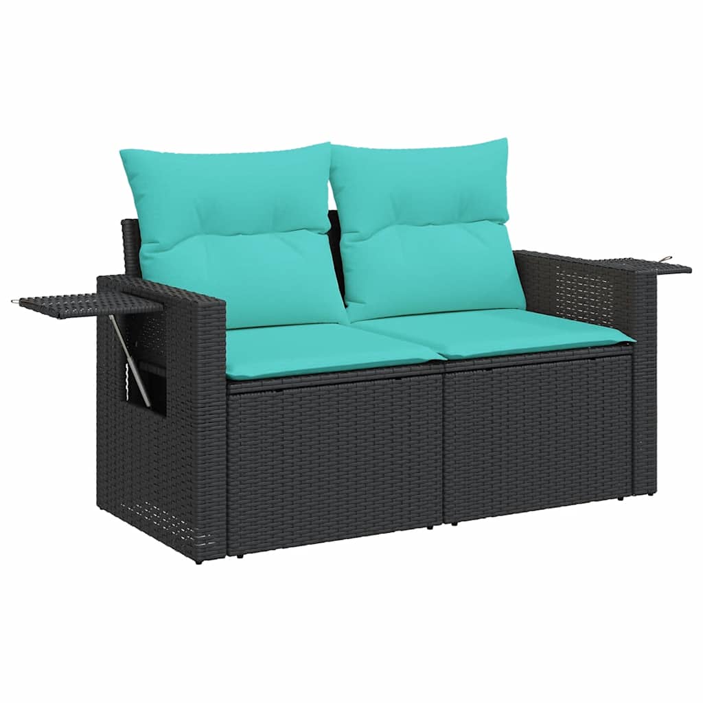 Tuinbank – Buitenbank – Tuinbankje – Tuinmeubel – Loungeset – Weerbestendig PE-rattan – Inklapbare Bijzettafeltjes – Acaciahouten Tafelblad – Wasbare Kussenhoezen – Zwart/Blauw
