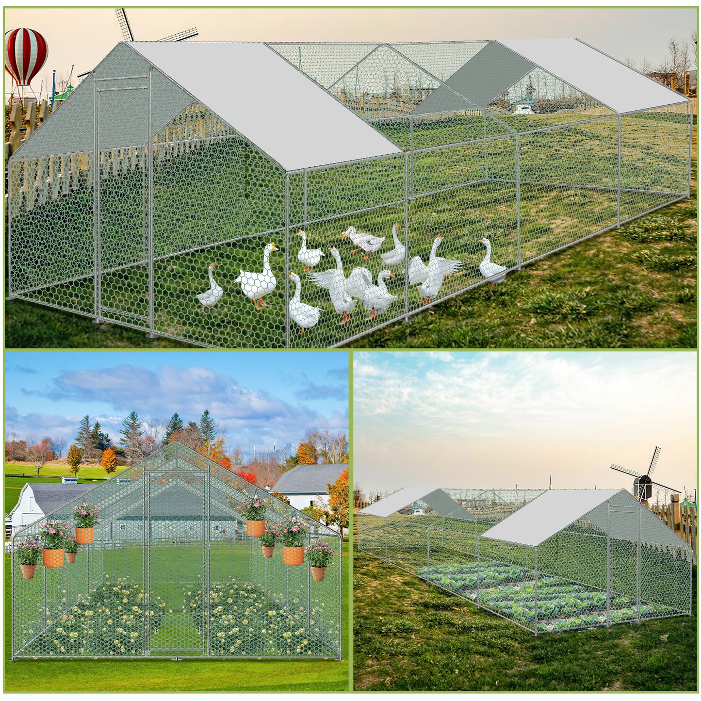 Outdoor Pen Chick Coop PE Roof (Polyethylene Roof) Chicken Cage Chicken Coop Outdoor Enclosure Rabbit Cage Aviary Free-Range Stable Enclosure for Poultry Waterproof Animal Run for Chickens Cages Galvanized Chicken House Rabbi