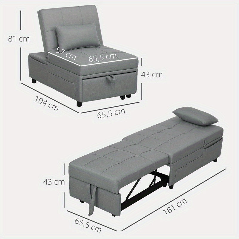 3-in-1 Convertible Sofa Bed with Storage Pocket, Adjustable Backrest & Pillow - Multifunctional Sleeper Chair with Rollers, Space-Saving Design for Small Spaces, Easy Assembly, Durable Plastic/Wood/Metal Frame - Ideal for Liv