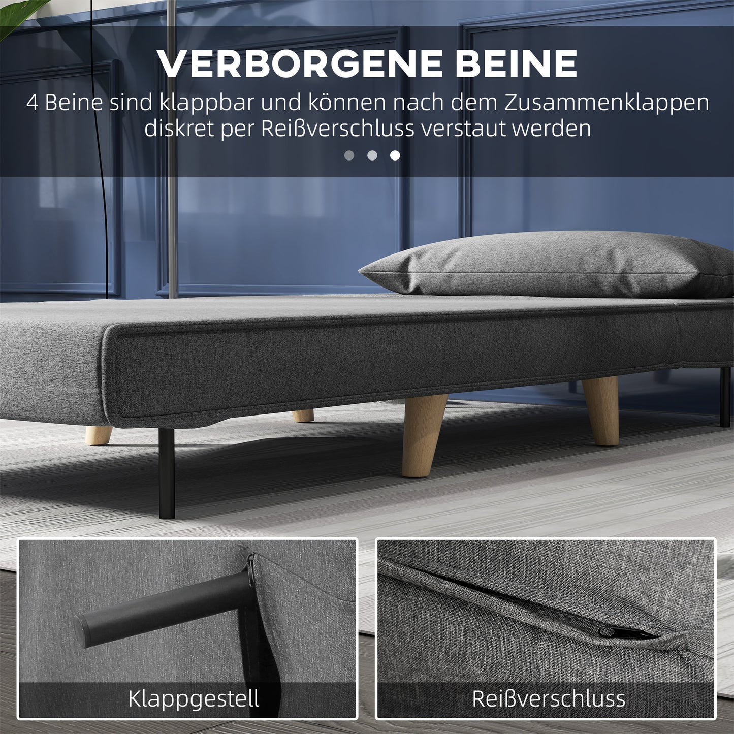 Slaapbank – Bedbank – Sofa Bed – Slaapbankje – Klapstoel – Scandinavisch Design – Verstelbare Rugleuning – Massief Grenenhouten Frame – Grijs Linnen-Look