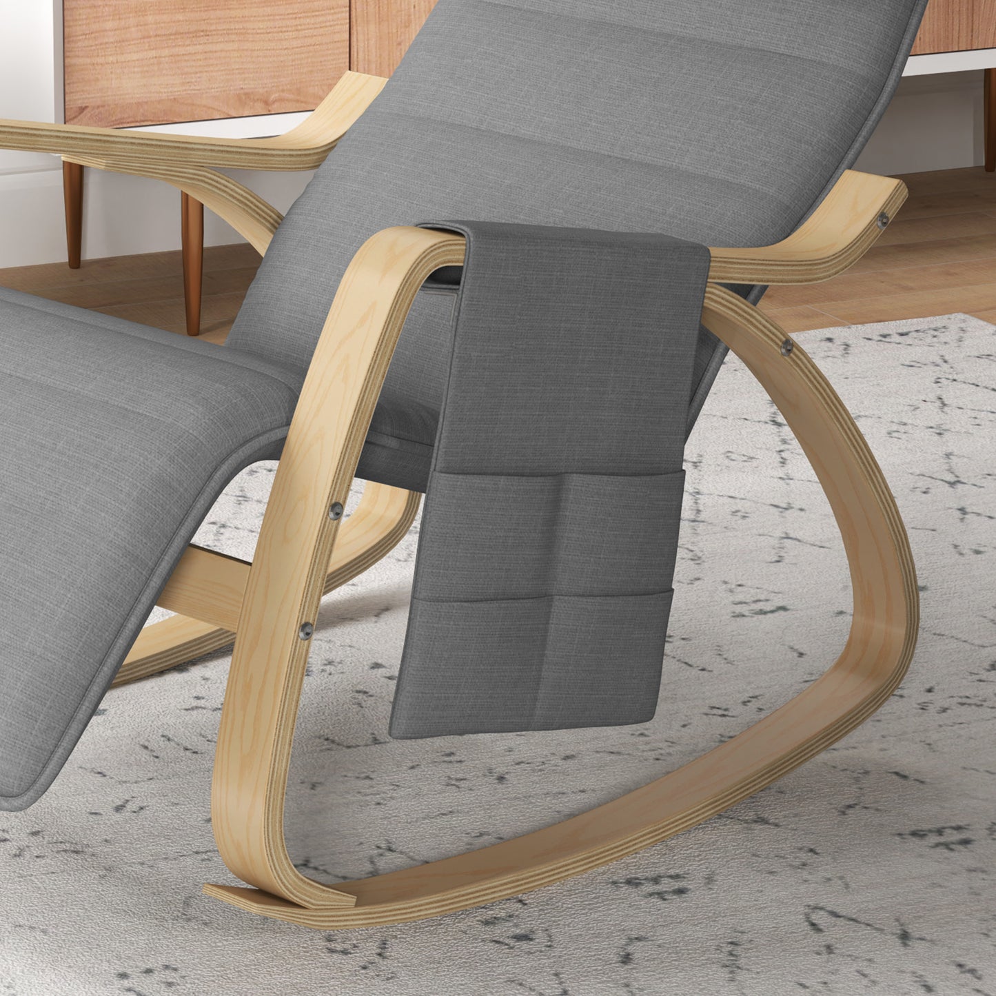 Schommelstoel – Relaxstoel – Fauteuil – Voedingsstoel – Schommelstoel Babykamer – Verstelbare Voetsteun – Stevig Houten Frame – Grijs