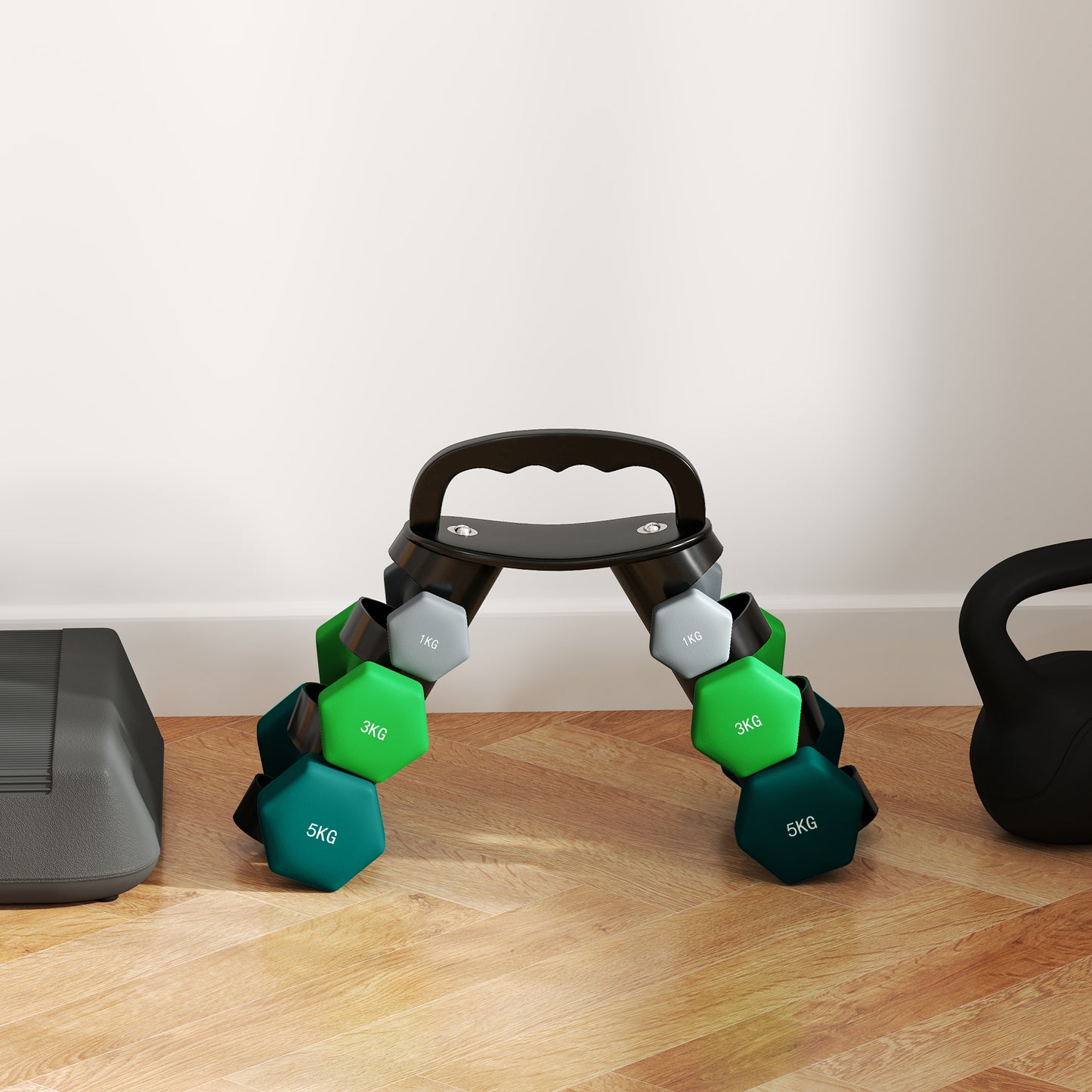 Halterset – Dumbbells – Dumbbellset – Gewichten – Fitnessset – 6-delig – Verstelbare gewichten 1-5 kg – Inclusief compact opbergrek