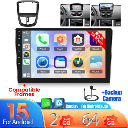 Autoradio Peugeot 207 – 2 DIN Radio – Android Car Stereo – Touchscreen Autoradio – Multimedia Systeem – 9 Inch HD Display – Android 15.0 Met Wireless CarPlay & Achteruitrijcamera