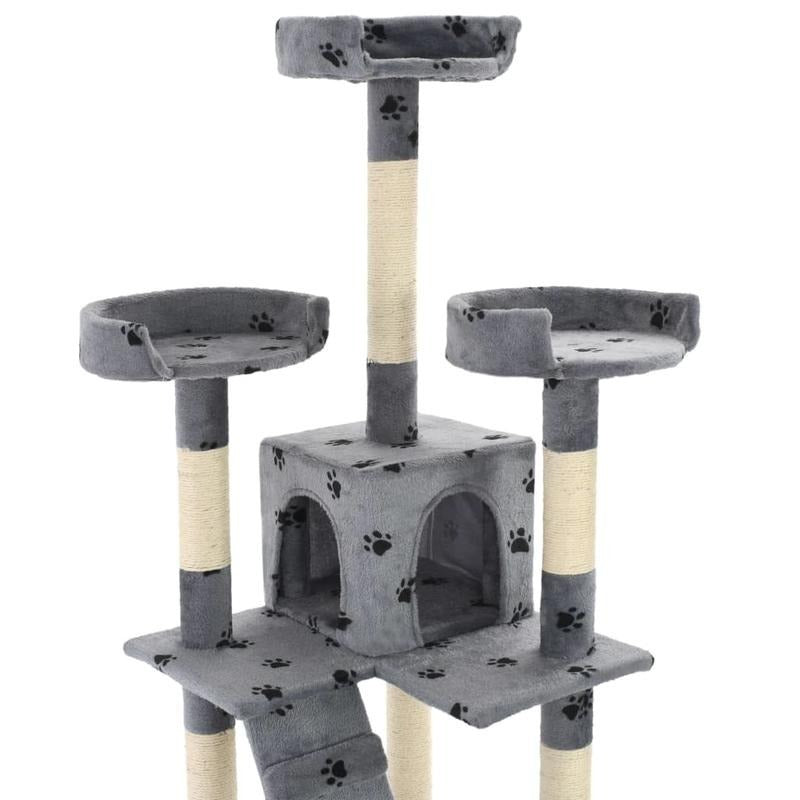 Multi-Level Cat Tree Tower with Sisal Scratching Posts, Stable Base & Paw Print Design - 170cm Tall Modern Cat Activity Center with Hanging Bed, Playrooms & Stairs - Space-Saving Indoor Cat Furniture for Living Room, Balcony