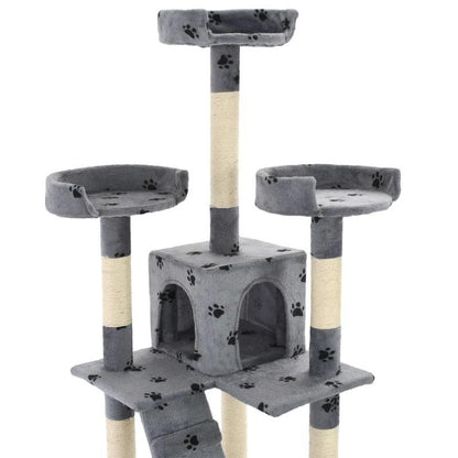 Multi-Level Cat Tree Tower with Sisal Scratching Posts, Stable Base & Paw Print Design - 170cm Tall Modern Cat Activity Center with Hanging Bed, Playrooms & Stairs - Space-Saving Indoor Cat Furniture for Living Room, Balcony