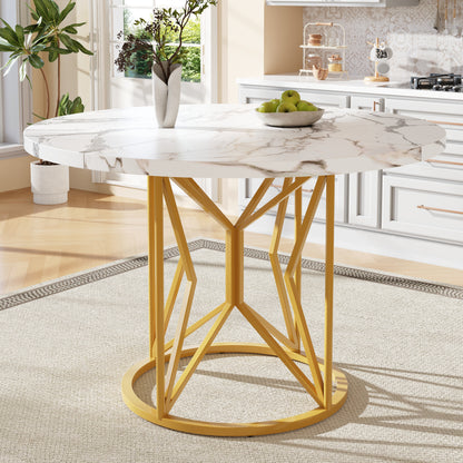 BTM Round Dining Table (100×100×76 cm), Modern Marble-Look MDF Table with Geometric Metal Legs, Kitchen Table for 4–6 People, Round Living Room Table, Sturdy Dining Table, White/Black