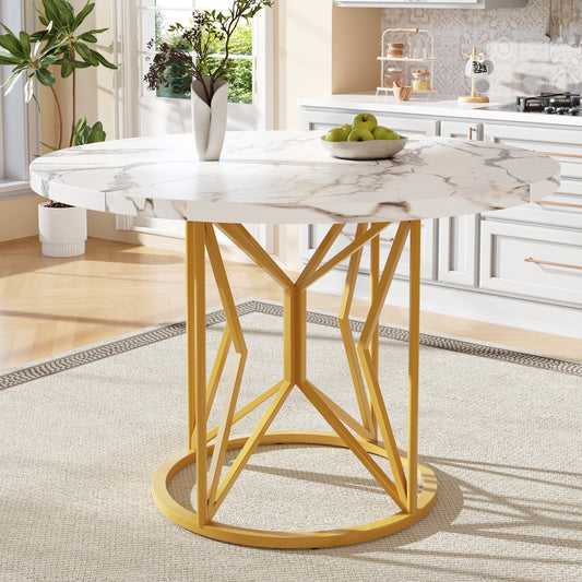 BTM Round Dining Table (100×100×76 cm), Modern Marble-Look MDF Table with Geometric Metal Legs, Kitchen Table for 4–6 People, Round Living Room Table, Sturdy Dining Table, White/Black