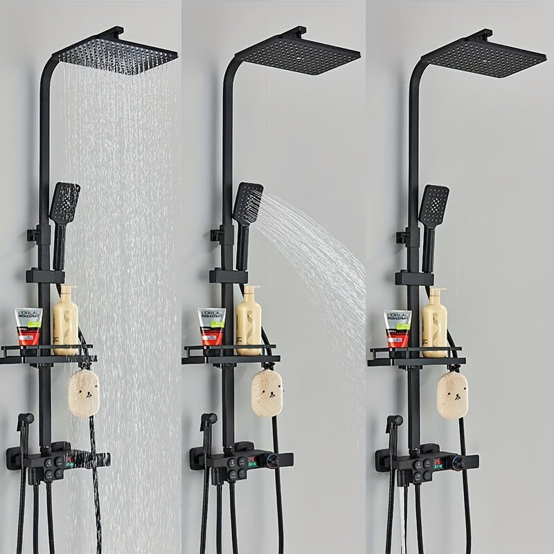 Thermostatische Douche Set – Regendouche – Douche Thermostaat – Zwarte Douchekop – Wandmontage – Verstelbare Hoogte 80-120 cm – Matte Zwarte Afwerking
