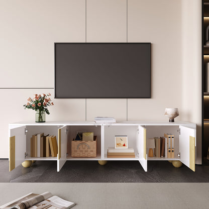 Tv Meubel – TV Kast – Televisiekast – TV Dressoir – TV Meubels – 180 cm Breed – Wit Met Marmerlook Blad – 4 Deuren – Stevige Bolvormige Houten Poten