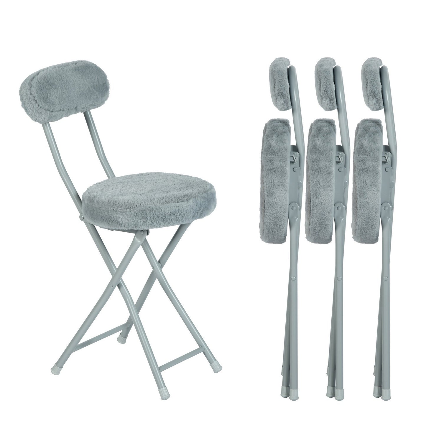 Vouwstoel – Klapstoel – Opklapstoel – Stoel – Kruk Set – Grijs – Kunstbont Bekleding – Metalen Frame – Compact 30x45x75 cm