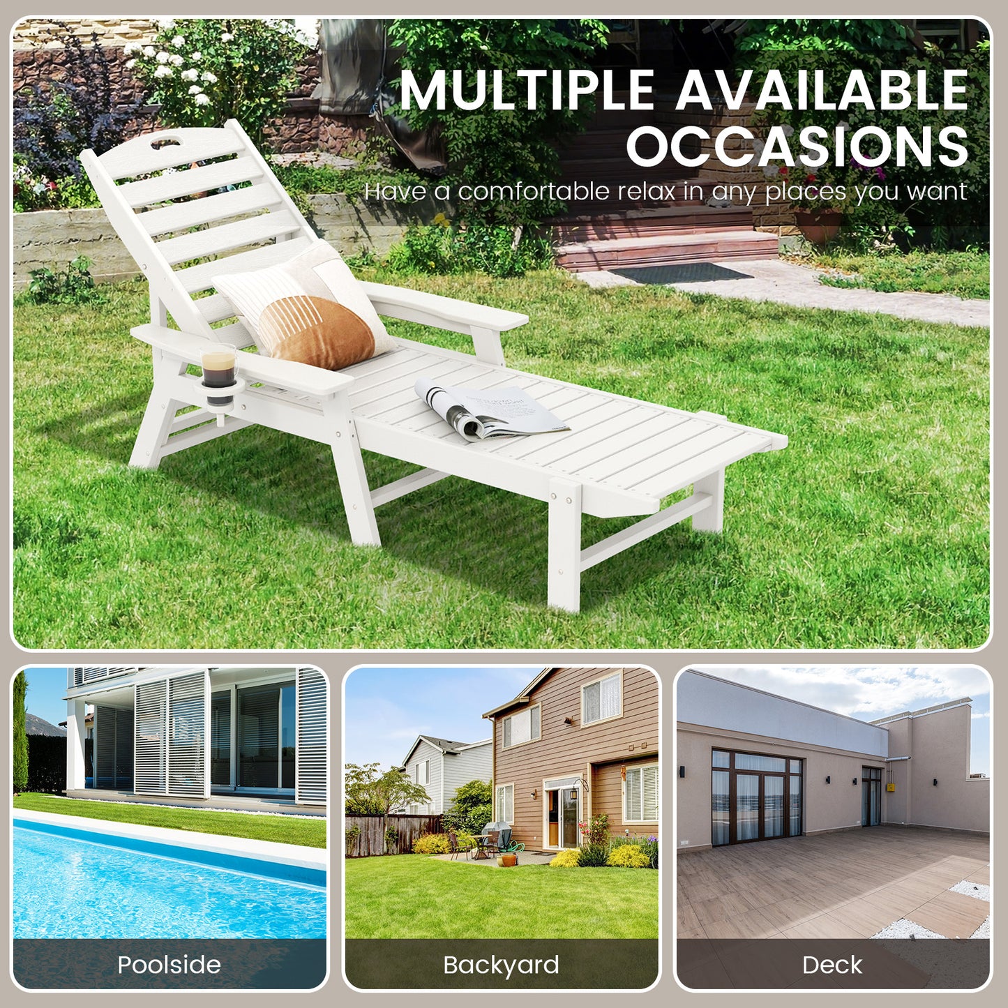 Patio Ligstoel – Tuinstoel – Ligbank – Relaxstoel – Buitenstoel – HDPE Materiaal – 4-Posities Verstelbare Rugleuning – Met Draaiende Bekerhouder – Wit