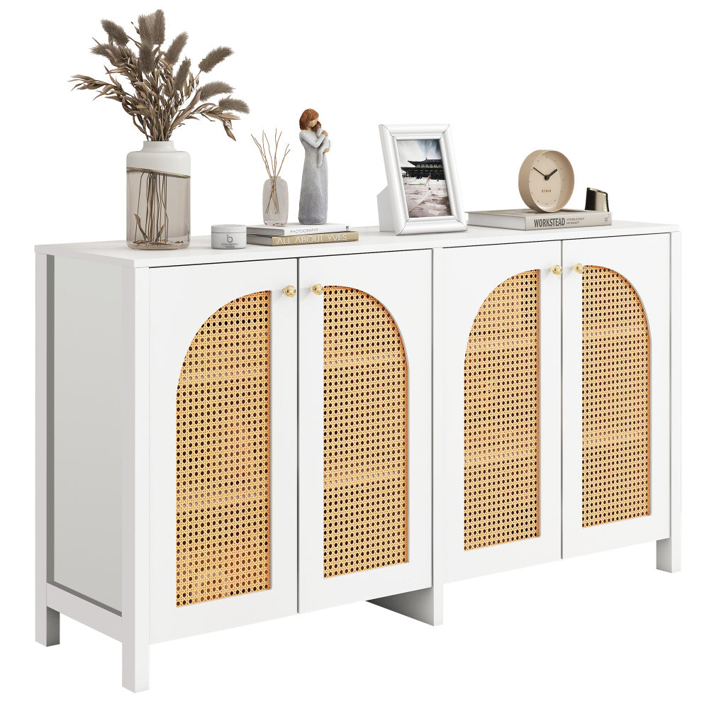 Modern Minimalist Sideboard Cabinet - White & Metallic Accents, Non-Wood Freestanding Storage with 4 Rattan Doors, Spacious 3.2+ Cu Ft Capacity for Living Room, Dining Room, Kitchen - Easy Assembly Required, Home Organization